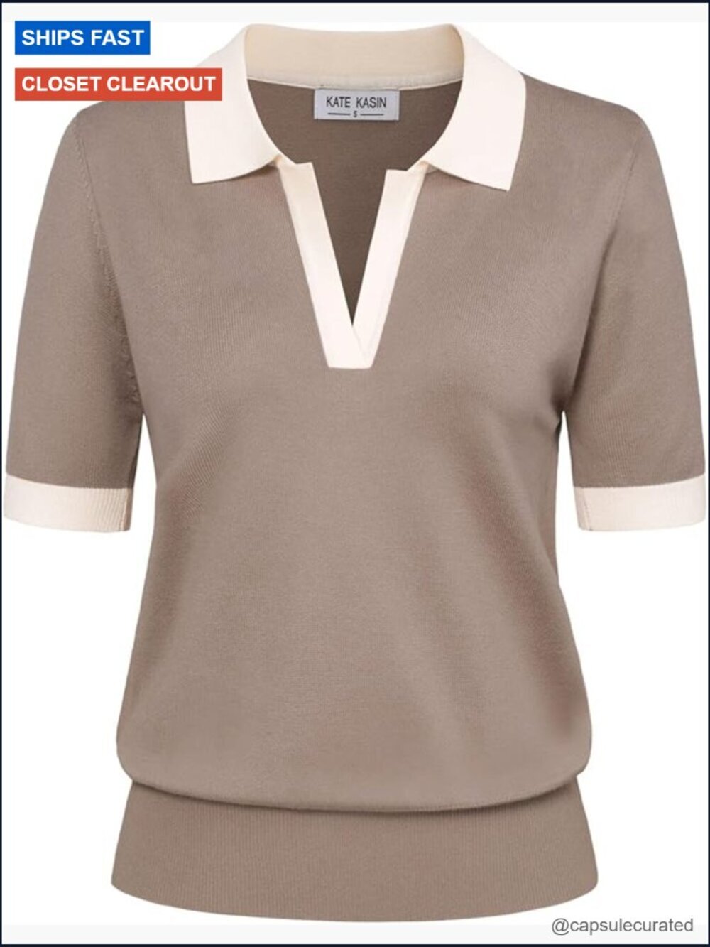 Short Sleeve Polo Sweater V Neck Knitted Top Casual Ribbed Pullover